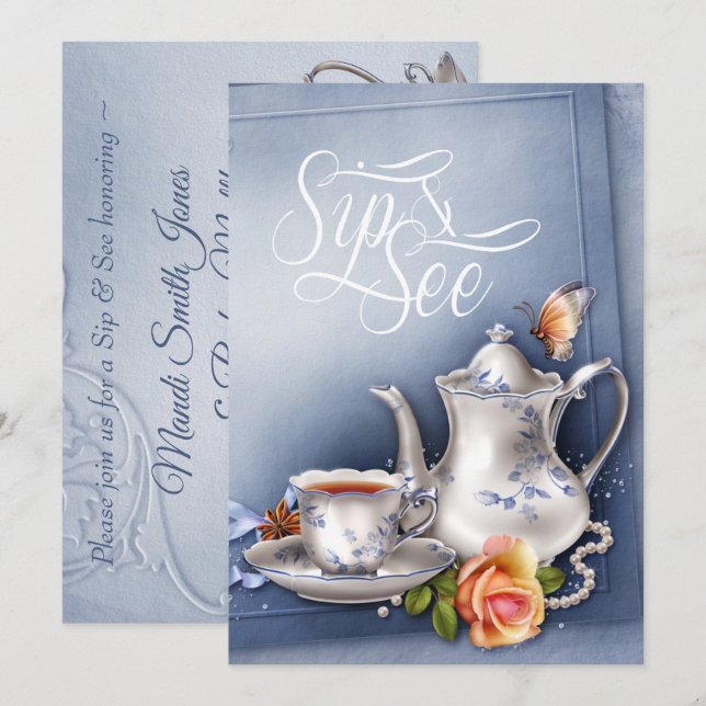 Nostalgic Blue Tee Party Sip und Babydusche Einladung (Vorne/Hinten)