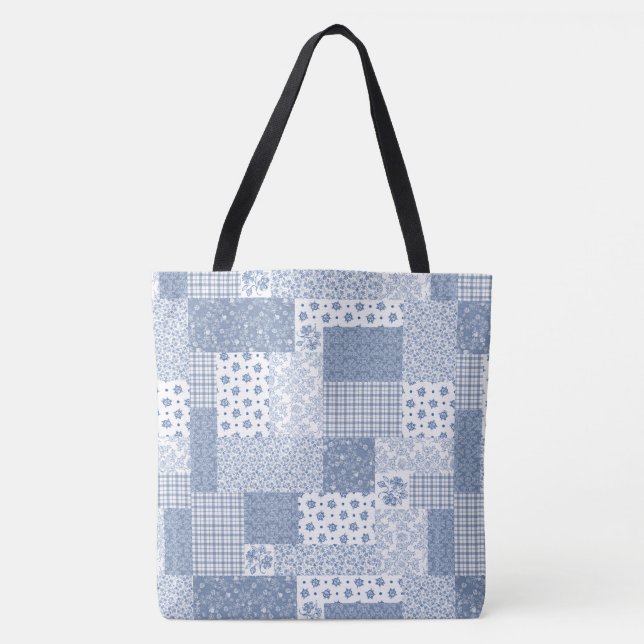 Nostalgic Indigo Blue White Imitats Patchwork Patt Tasche (Vorderseite)