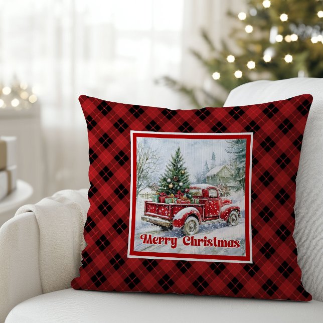 Nostalgic red truck holiday scene rustic Christmas Kissen (Nostalgic red truck holiday scene rustic Christmas pillow

)