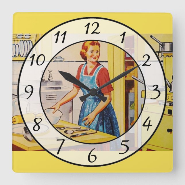 Nostalgic Vintage Retro Lady Kitchen Clock Quadratische Wanduhr (Vorderseite)