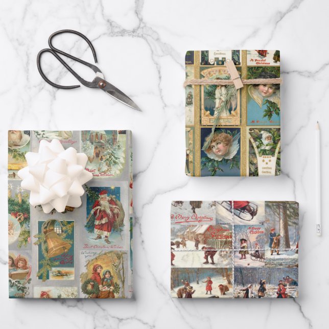 Nostalgic Vintage Weihnachtskarten Collections Geschenkpapier Set (Vorderseite)