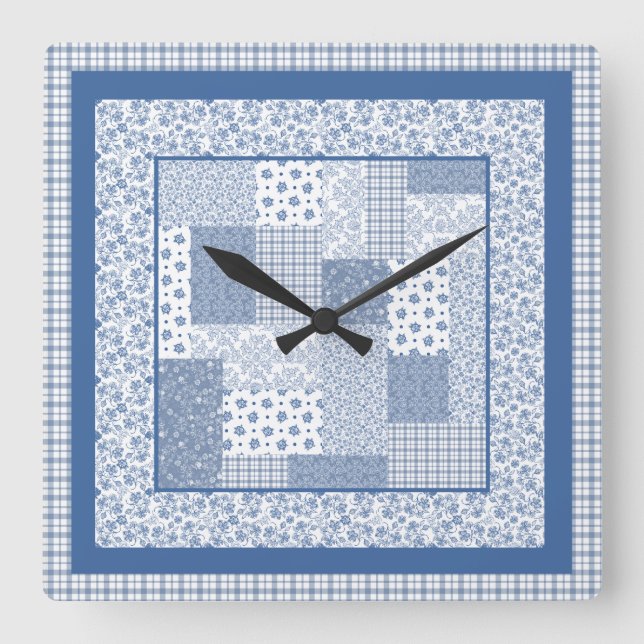 Nostalgique Indigo Faux Patchwork Carré Horloge mu (Recto)