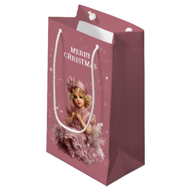 Nostalgisch Frohe Weihnachten in Frost und Blassro Kleine Geschenktüte (Vorderseite Schrägansicht)