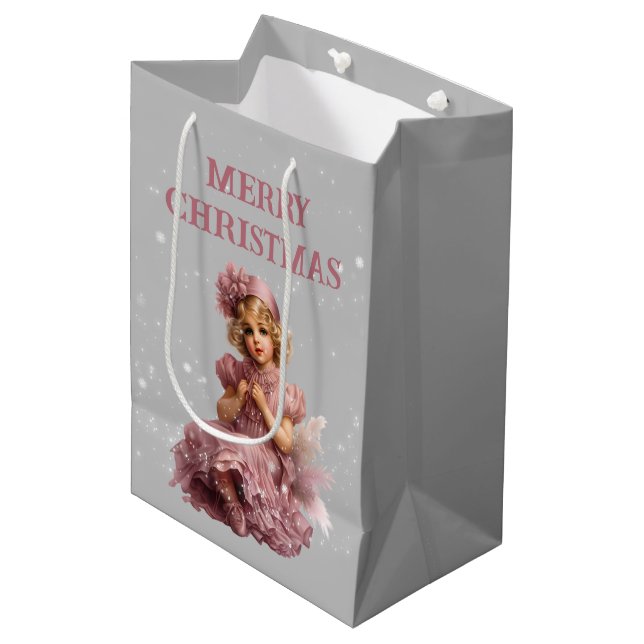 Nostalgisch Frohe Weihnachten in frostrosa Mittlere Geschenktüte (Vorderseite Schrägansicht)