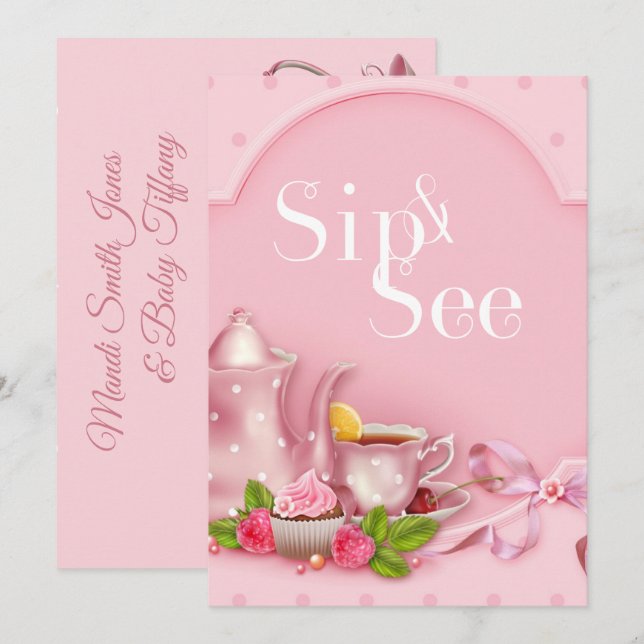 Nostalgisch Pink Tee Party Sip und sehen Babydusch Einladung (Vorne/Hinten)
