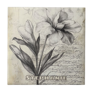 Nostalgische braune Blumen-Skizze Antikpapier Fliese
