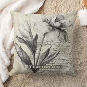 Nostalgische braune Blumen-Skizze Antikpapier Kissen