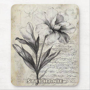 Nostalgische braune Blumen-Skizze Antikpapier Mousepad
