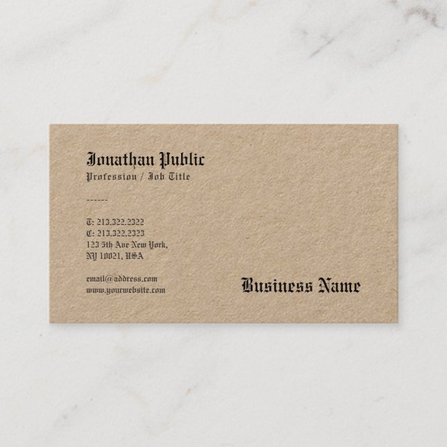 Nostalgische Brown Real Kraft Papier Elegante Vorl Visitenkarte (Vorderseite)