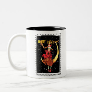 Nostalgische Halloween-Gute Hexe und ihre Katze Zweifarbige Tasse