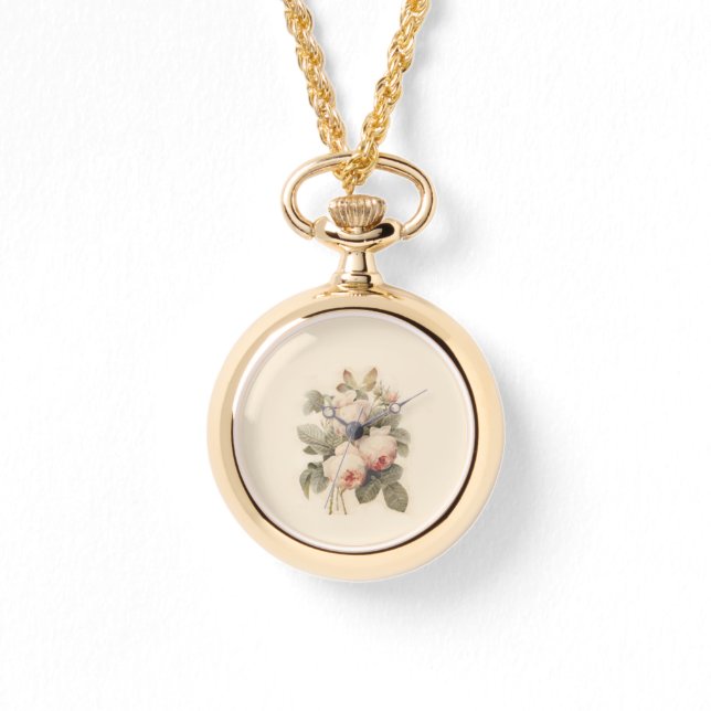 Nostalgische Redouté-Rose Gold Halskette Uhr (Vorderseite)