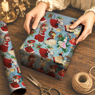 Nostalgische rote grüne Weihnachtsmädchen aus den  Geschenkpapier