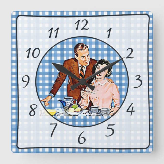 Nostalgische Vintage Retro Couple Kitchlock Quadratische Wanduhr (Vorderseite)