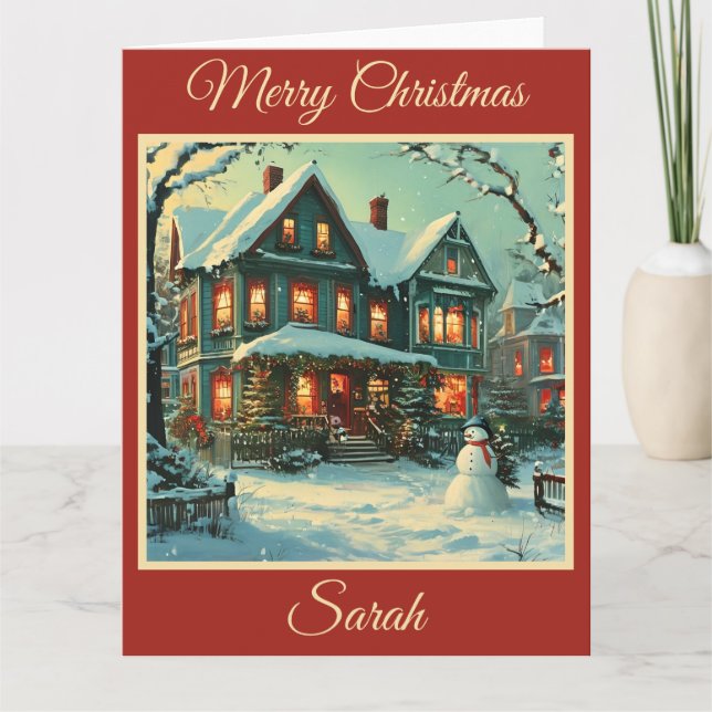 Nostalgische Weihnachtslandschaft mit Snowman Karte (Vorderseite)
