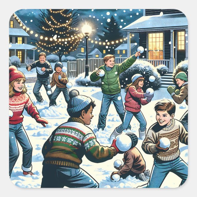 Nostalgische Winterlandschaft | Kinderschneeballka Quadratischer Aufkleber (Vorderseite)