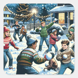 Nostalgische Winterlandschaft | Kinderschneeballka Quadratischer Aufkleber