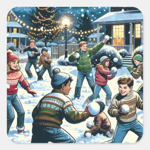 Nostalgische Winterlandschaft Kinderschneeballka Quadratischer Aufkleber