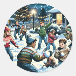 Nostalgische Winterlandschaft | Kinderschneeballka Runder Aufkleber