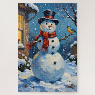 Nostalgischer glücklicher Schneemann mit Blaue Vog