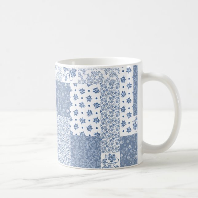 Nostalgischer Indigo-Faux-Patchwork-Kaffeebecher Kaffeetasse (Rechts)