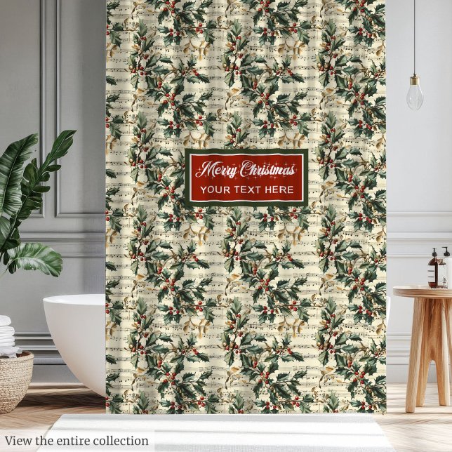 Nostalgischer Jahrgang Weihnachtslieder Heilige Be Duschvorhang (Nostalgic vintage Christmas carols holly berries Shower Curtain)