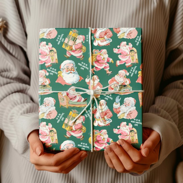 Nostalgischer Retro Weihnachten in Grün Geschenkpapier (Nostalgic Retro Santa Claus-Christmas in Green personalized name, gift wrapping set)