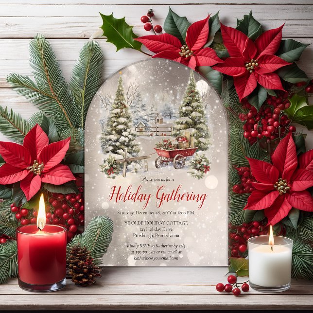 Nostalgischer Vintage-Urlaubsbaum Weihnachtsfeier Acryleinladungen (Nostalgic Vintage Wagon  Evergreen Tree Christmas Holiday Gathering Party Arched Acrylic Invitation )