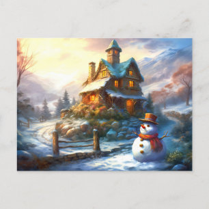 Nostalgischer Weihnachtsschneemann   Vintage Hütte Einladungspostkarte