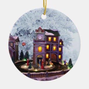 Nostalgisches altmodisches Haus vor einer Schneeku Keramik Ornament