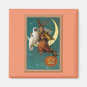 Nostalgisches Frohes Halloween Hexe & Eule Magnet