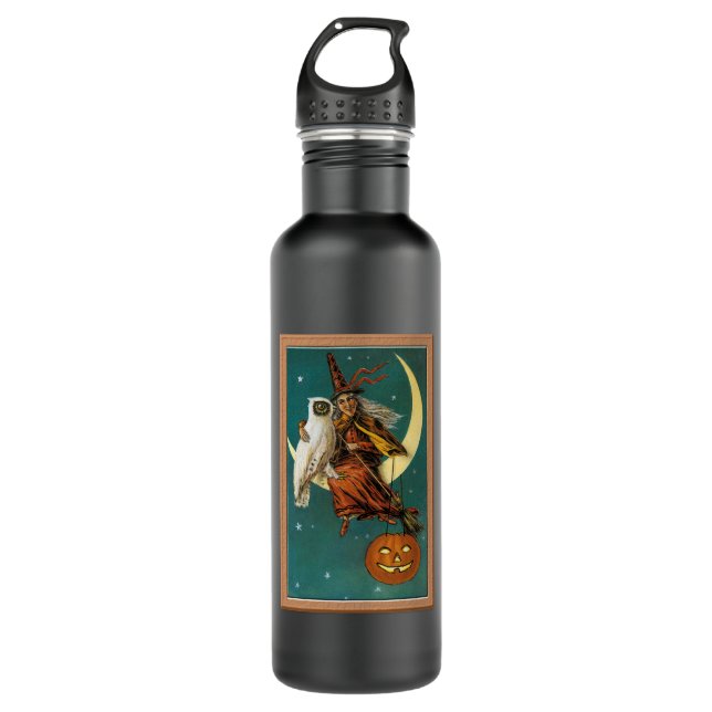 Nostalgisches Glück Halloween Hexe & Owl Edelstahlflasche (Vorderseite)