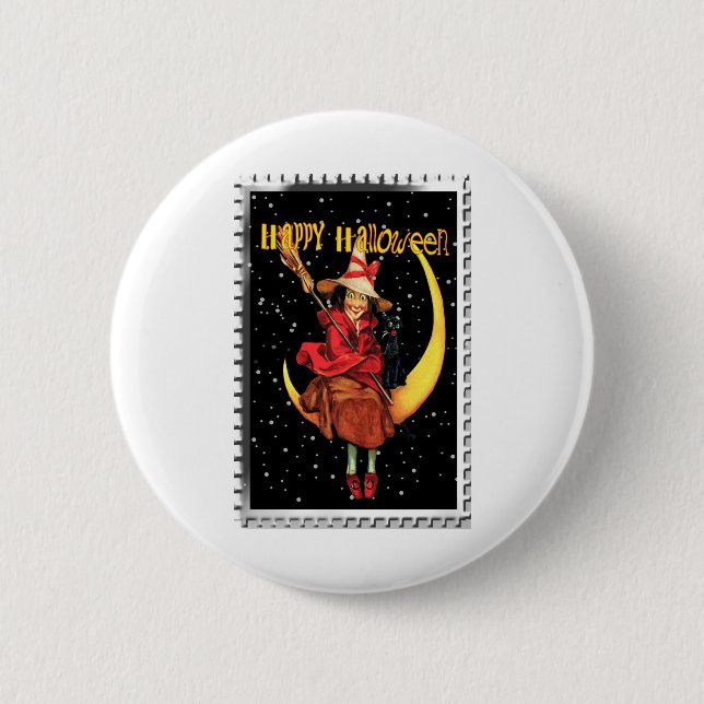 Nostalgisches Halloween Gute Hexe und ihre Katze Button (Vorderseite)