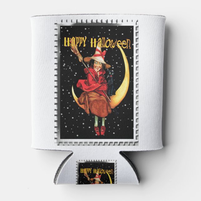 Nostalgisches Halloween Gute Hexe und ihre Katze Dosenkühler (Vorderseite)
