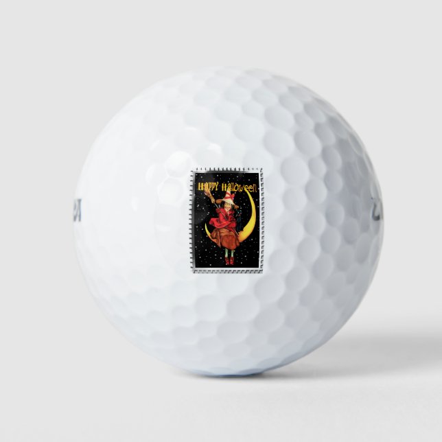 Nostalgisches Halloween Gute Hexe und ihre Katze Golfball (Vorderseite)