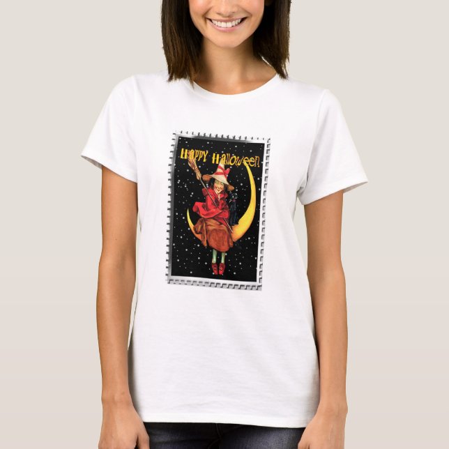 Nostalgisches Halloween Gute Hexe und ihre Katze T-Shirt (Vorderseite)