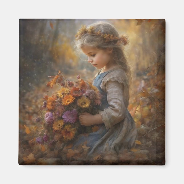 Nostalgisches Herbstkind mit Wildblumenstrauß Magnet (Vorne)