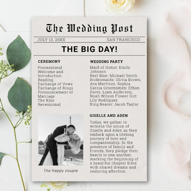 Nostalgisches Hochzeitsprogramm Einladung (Newspaper Wedding Program)