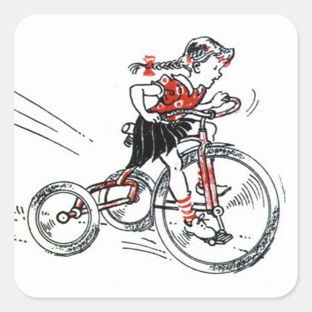 Nostalgisches Mädchen auf dem Tricycle Quadratischer Aufkleber (Vorderseite)