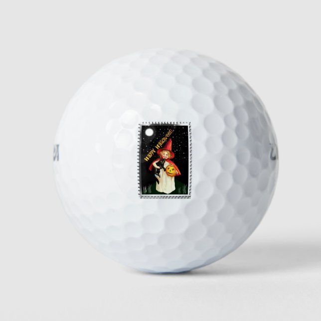 Nostalgisches Mädchen, Jack-o’-Laterne und Katze Golfball (Vorderseite)