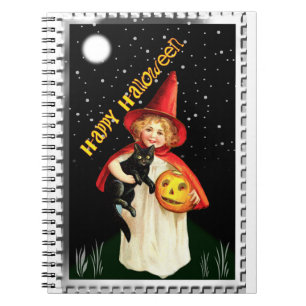 Nostalgisches Mädchen, Jack-o’-Laterne und Katze Notizblock