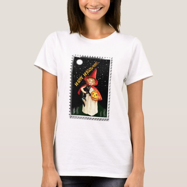 Nostalgisches Mädchen, Jack-o’-Laterne und Katze T-Shirt (Vorderseite)