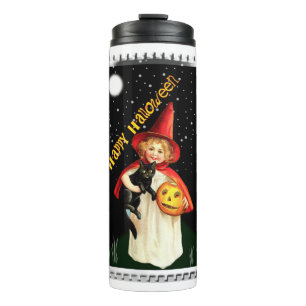 Nostalgisches Mädchen, Jack-o’-Laterne und Katze Thermosbecher