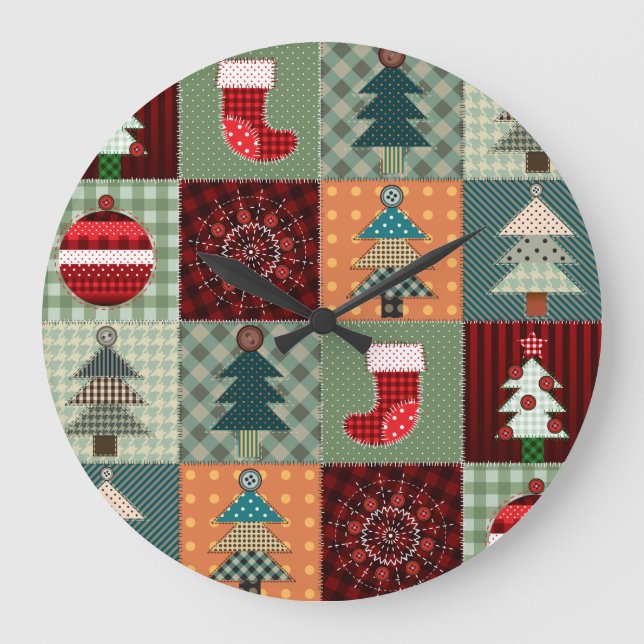 Nostalgisches Vintag Holiday Patchwork Quilt Große Wanduhr (Vorderseite)