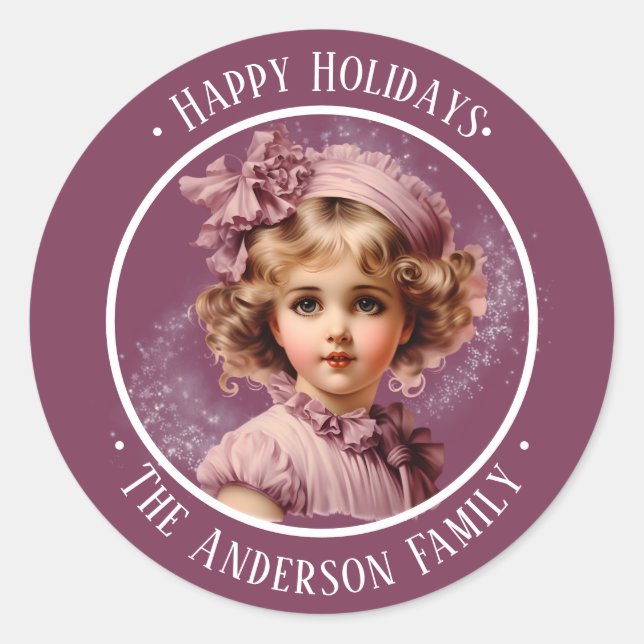 Nostalgisches Vintages Mädchen in rosa, benutzerde Runder Aufkleber (Vorderseite)