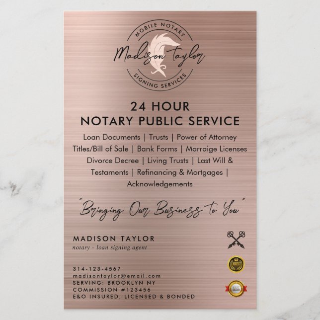 Notar Agent Rose Gold Brush Metal Marketing Flyer (Vorne)