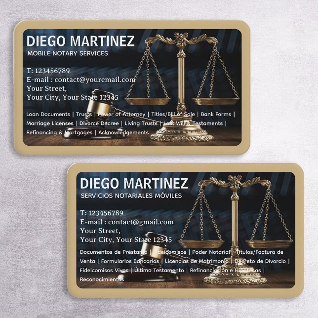 Notar Bilingual English Spanish Business Card Visitenkarte (Notary Bilingual Cards)