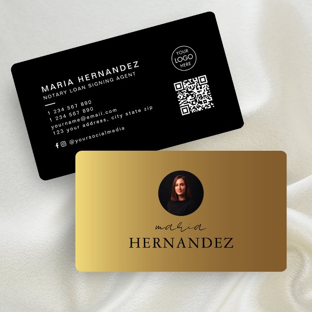Notar Kreditsignierung Agent Gold Black Foto QR-Co Visitenkarte (Notary loan signing agent Gold Black photo QR code Business Card)