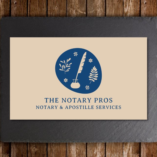 Notar Public Apostille Service Earthy Boho Quill Visitenkarte (A notary business card featuring a quill in a boho style. Shown on a slate and wood background. )
