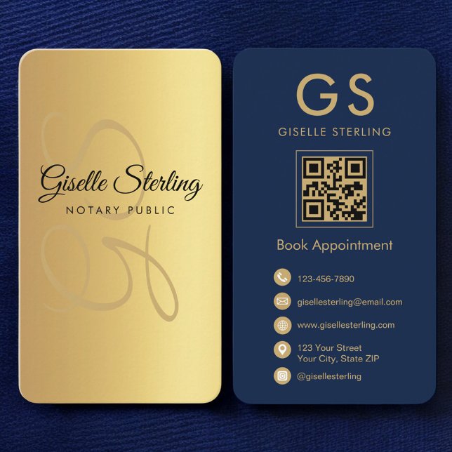 Notar Public Gold Navy Blue QR Code Monogramm Visitenkarte (Von Creator hochgeladen)