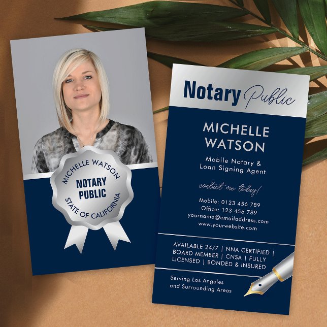 Notar Public Loan Agent Foto Navy & Silver Visitenkarte (Stylish notary public & lawyer photo business cards in navy blue and silver)